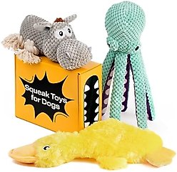 PetSpy Rope Donkey Octopus & Crinkle Duck Squeaky Plush Dog Chew Toy, Grey/Blue/Yellow, 3 count