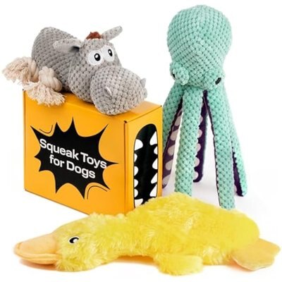 PetSpy PetSpy Rope Donkey Octopus & Crinkle Duck Squeaky Plush Dog Chew Toy, Grey/Blue/Yellow, 3 count