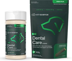 VetriScience Perio Support Everyday Health Dog & Cat Powder Formula, 4.2-oz bottle + VetriScience Perio Plus Everyday Health Dental Stix Dental Dog Treats, 30 count