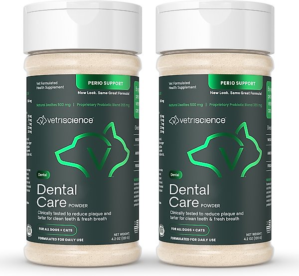 Show full view: VetriScience Perio Dental Care Powder Clinically Tested Breath & Plaque Control Supplement for Dogs & Cats, 4.2-oz, bundle of 2 slide 1 of 11