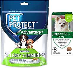 Advantus Flea Oral Treatment for Dogs, 4-22 lbs, 7 count + Pet Protect Allergy & Immune+ Supplement, 60 count