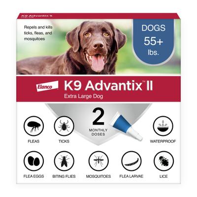 Show full view: K9 Advantix II Flea & Tick Spot Treatment, over 55-lbs, 2 Doses (2-mos. supply) + Pet Protect Fast Acting Calming Supplement for Dogs, 60 count slide 2 of 9
