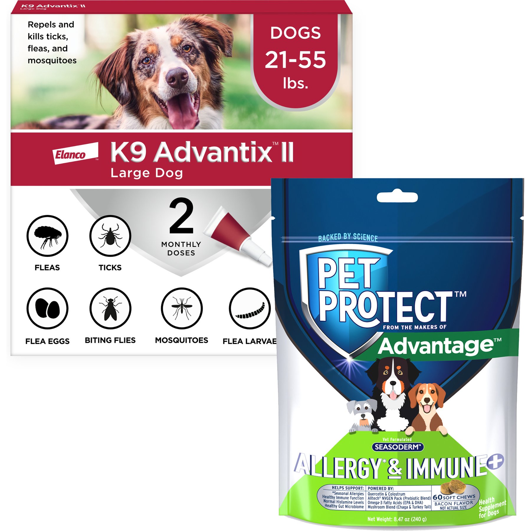 K9 Advantix II Flea & Tick Spot Treatment for Dogs, 21-55 lbs + Pet Protect Allergy & Immune+ Supplement, 60 count