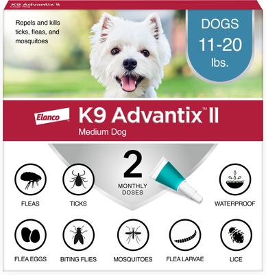 Show full view: K9 Advantix II Flea & Tick Spot Treatment, 11-20 lbs, 2 Doses (2-mos. supply) + Pet Protect Fast Acting Calming Supplement for Dogs, 60 count slide 2 of 9
