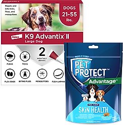 K9 Advantix II Flea & Tick Spot Treatment for Dogs, 21-55 lbs, 2 Doses + Pet Protect Skin Health Supplement, 60 count