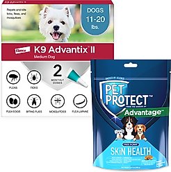 K9 Advantix II Flea & Tick Spot Treatment for Dogs, 11-20 lbs, 2 Doses + Pet Protect Skin Health Supplement, 60 count