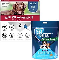 K9 Advantix II Flea & Tick Spot Treatment for Dogs, over 55-lbs, 2 Doses + Pet Protect Skin Health Supplement, 60 count