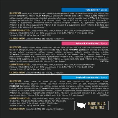 Show full view: Purina Pro Plan High Protein Complete Essentials Seafood Favorites Variety Pack Wet Cat Food, 3-oz can, case of 24 slide 6 of 10