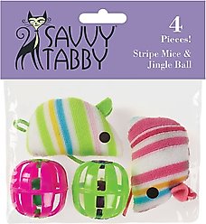 Savvy Tabby Stripe Mice & Jingle Ball Cat Toy with Catnip, 4 count