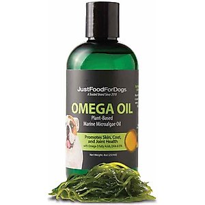 JustFoodForDogs Omega Plus Oil Omega-3, Skin & Coat Support, Joint Health, EPA & DHA from Algae Oil, Sustainable & Eco-Friendly Liquid Supplement for Dogs, 8-fl oz bottle