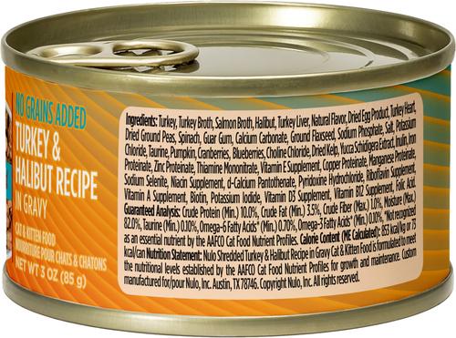 Show full view: Nulo Shredded Turkey & Halibut in Gravy Grain-Free Canned Cat Food, 3-oz, case of 24 slide 3 of 11