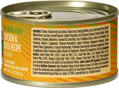 Show full view: Nulo Shredded Chicken & Duck in Gravy Grain-Free Canned Cat Food, 3-oz, case of 24 slide 3 of 11