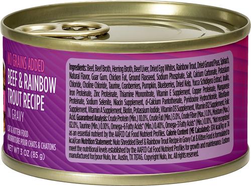 Show full view: Nulo Shredded Beef & Rainbow Trout in Gravy Grain-Free Canned Cat & Kitten Food, 3-oz, case of 24 slide 3 of 11