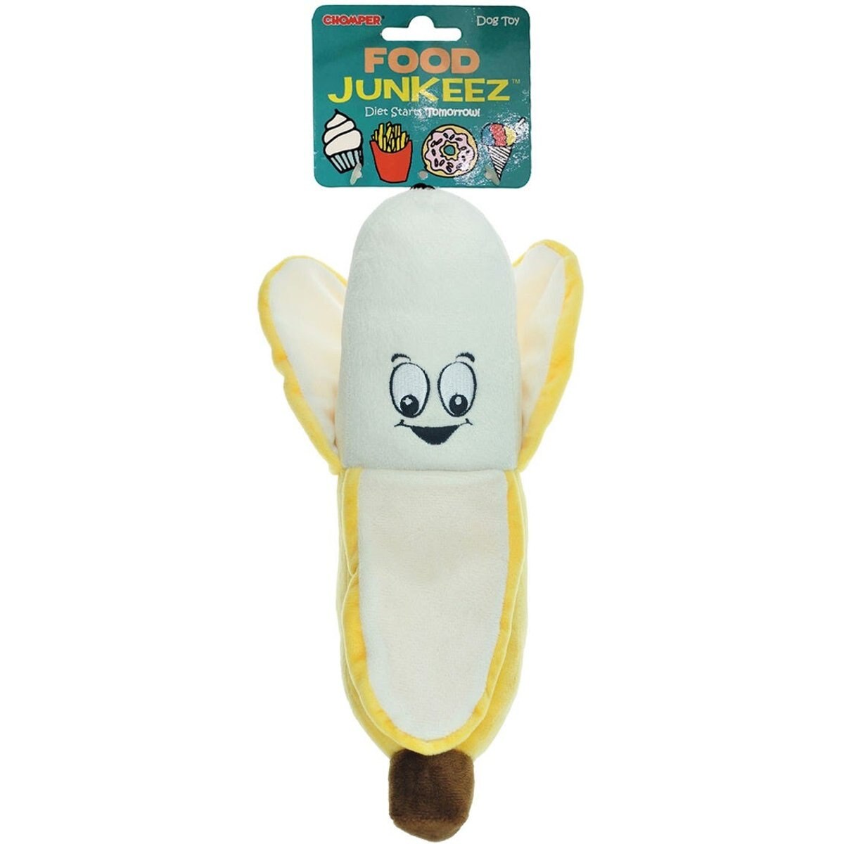 Chomper Food Junkeez Plush Banana Squeaky Dog Chew Toy, Large