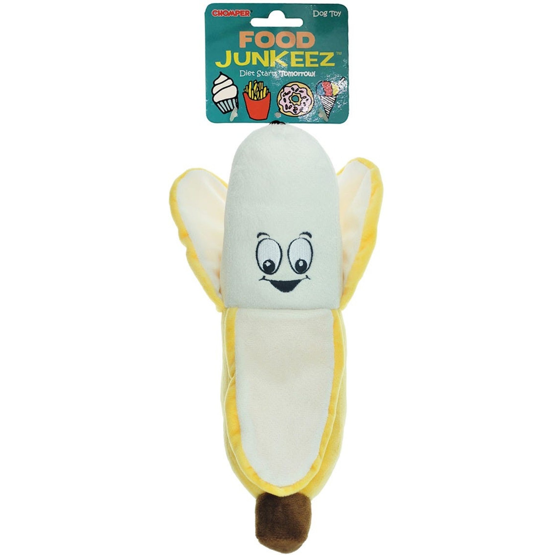 Chomper Food Junkeez Plush Banana Squeaky Dog Chew Toy, Large