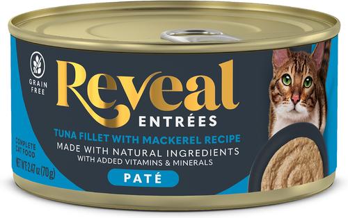 Show full view: Reveal Entrees Tuna Fillet with Mackerel in Broth Pate Recipe Grain-Free Wet Cat Food, 2.47-oz can, case of 5 slide 3 of 10