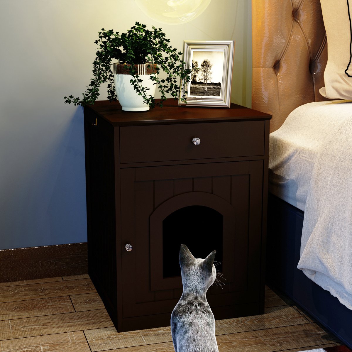 Cesicia Wooden Side Table Cat Litter Box Enclosure