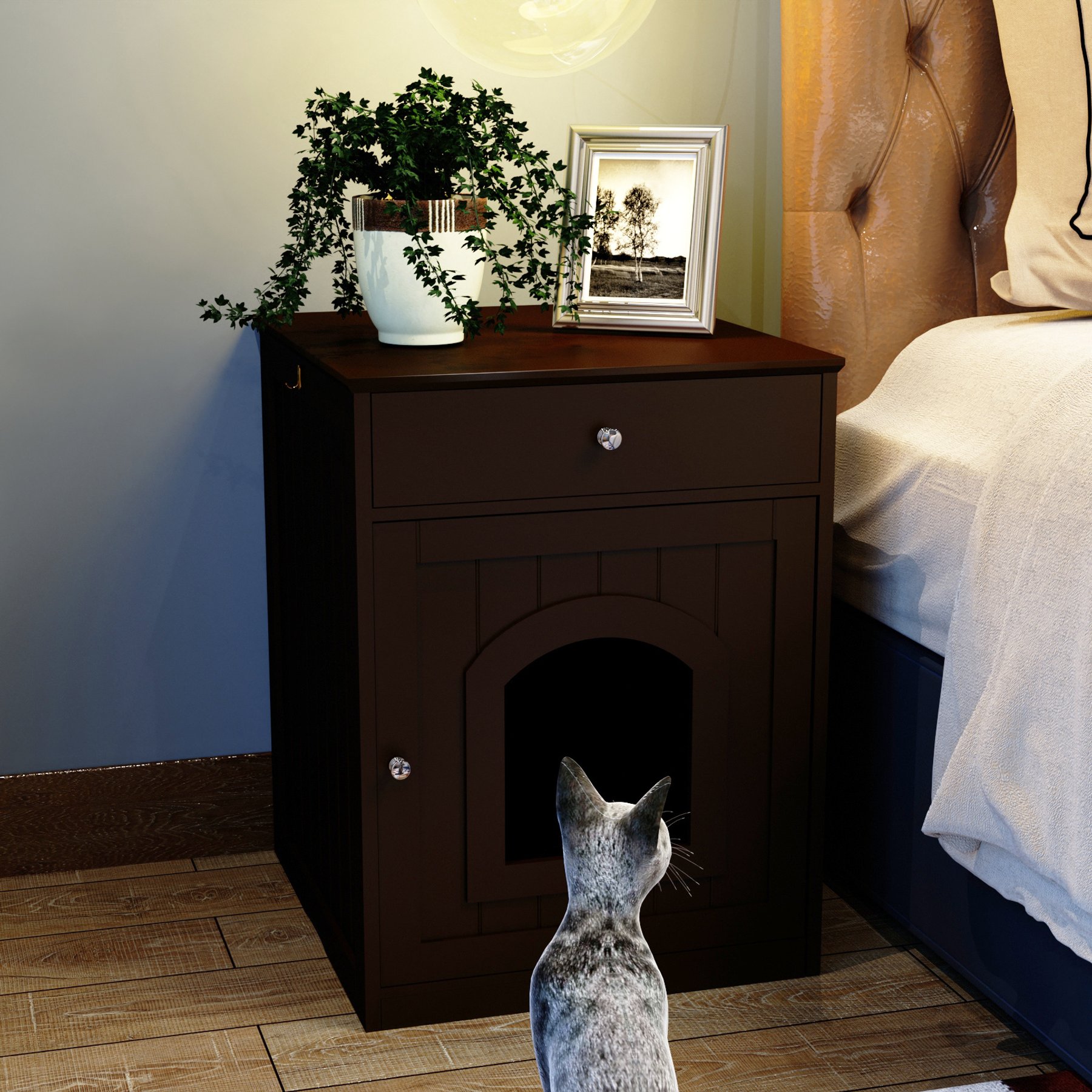 Cesicia Wooden Side Table Cat Litter Box Enclosure