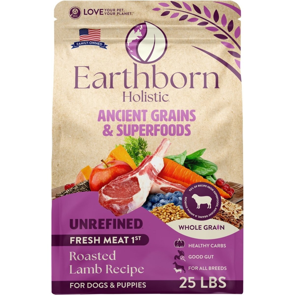 Earthborn Holistic Unrefined Roasted Lamb with Ancient Grains & Superfoods Dry Dog Food, 25-lb bag