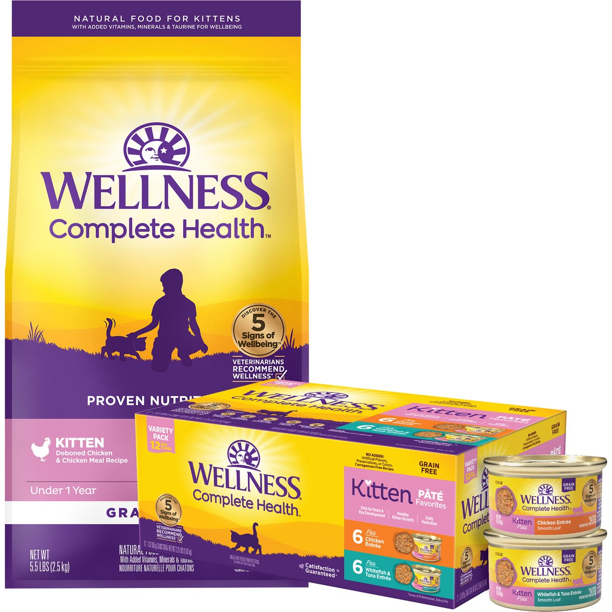 Wellness Complete Health Natural Grain-Free Deboned Chicken & Chicken Meal Dry Kitten Food + Kitten Variety Pack Grain-Free Canned Cat Food
