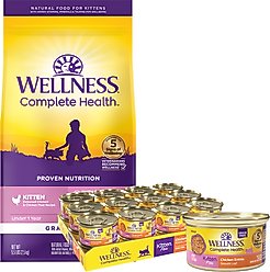Wellness Complete Health Kitten Formula Grain-Free Canned Cat Food, 3-oz, case of 24 + Wellness Complete Health Natural Grain-Free Deboned Chicken & Chicken Meal Dry Kitten Food, 5.5-lb bag