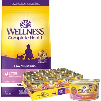 Wellness Wellness Complete Health Kitten Formula Grain-Free Canned Cat Food, 3-oz, case of 24 + Wellness Complete Health Natural Grain-Free Deboned Chicken & Chicken Meal Dry Kitten Food, 5.5-lb bag
