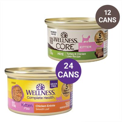 Show full view: Wellness Complete Health Kitten Formula Grain-Free Canned Food + CORE Natural Grain-Free Turkey & Chicken Liver Pate Canned Kitten Food slide 1 of 9