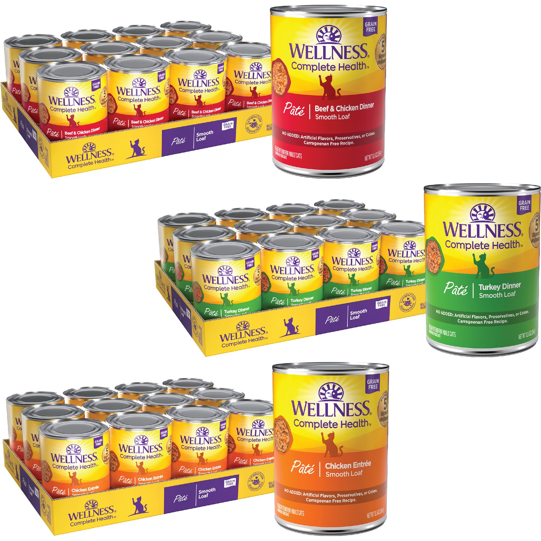 Variety Pack - Wellness Complete Health Adult Beef & Chicken Formula Grain-Free Canned Cat Food, 12.5-oz, case of 12, Chicken & Turkey Flavors