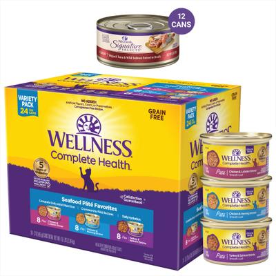 Show full view: Wellness Seafood Pate Favorites Canned Cat Food, 3-oz, case of 24 + Wellness CORE Signature Selects Flaked Skipjack Tuna & Wild Salmon Entree in Broth Grain-Free Canned Cat Food, 5.3-oz, case of 12 slide 1 of 9