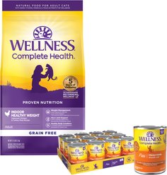 Wellness Complete Health Pate Chicken Entree Grain-Free Canned Cat Food, 12.5-oz, case of 12 + Wellness Complete Health Grain-Free Indoor Healthy Weight Chicken Recipe Dry Cat Food, 11.5-lb bag