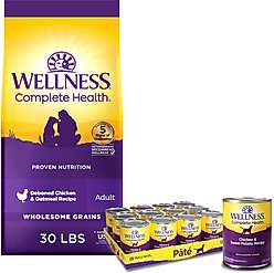 Wellness Complete Health Adult Deboned Chicken & Oatmeal Recipe Dry Food + Chicken & Sweet Potato Formula Canned Dog Food