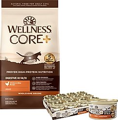 Wellness CORE Digestive Health Chicken Pate Recipe Grain-Free Wet Cat Food, 3-oz, case of 12 & Wellness CORE Digestive Health Wholesome Grains Chicken & Rice Recipe Dry Cat Food, 11-lb bag