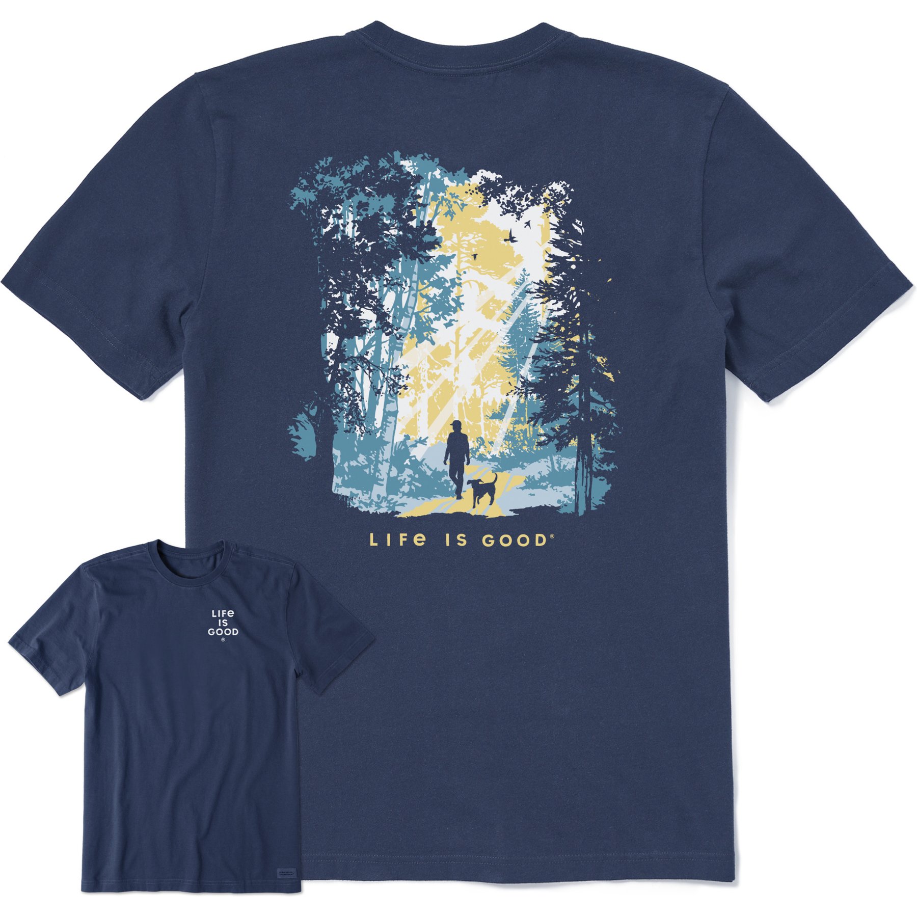 LIFE IS GOOD Men's Hiker with Sunbeams in the Woods Short Sleeve Crusher Tee, Medium