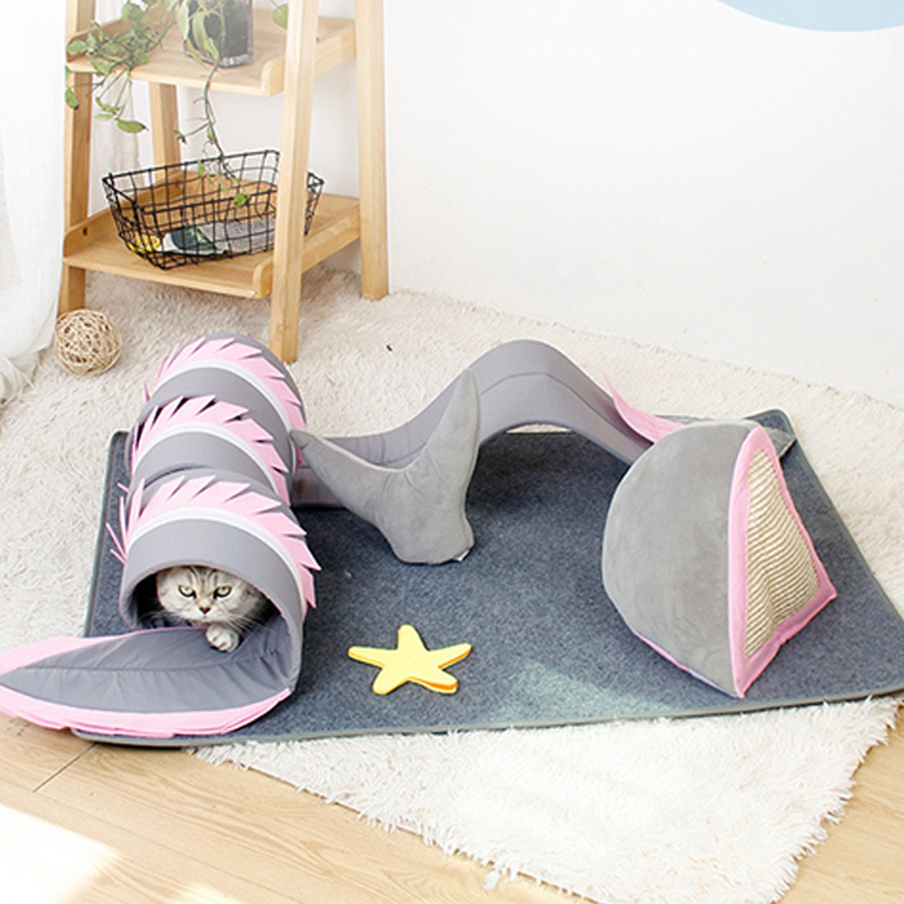 Happy & Polly Fish Adventure Cat Sniffing Mat Tunnel, Grey