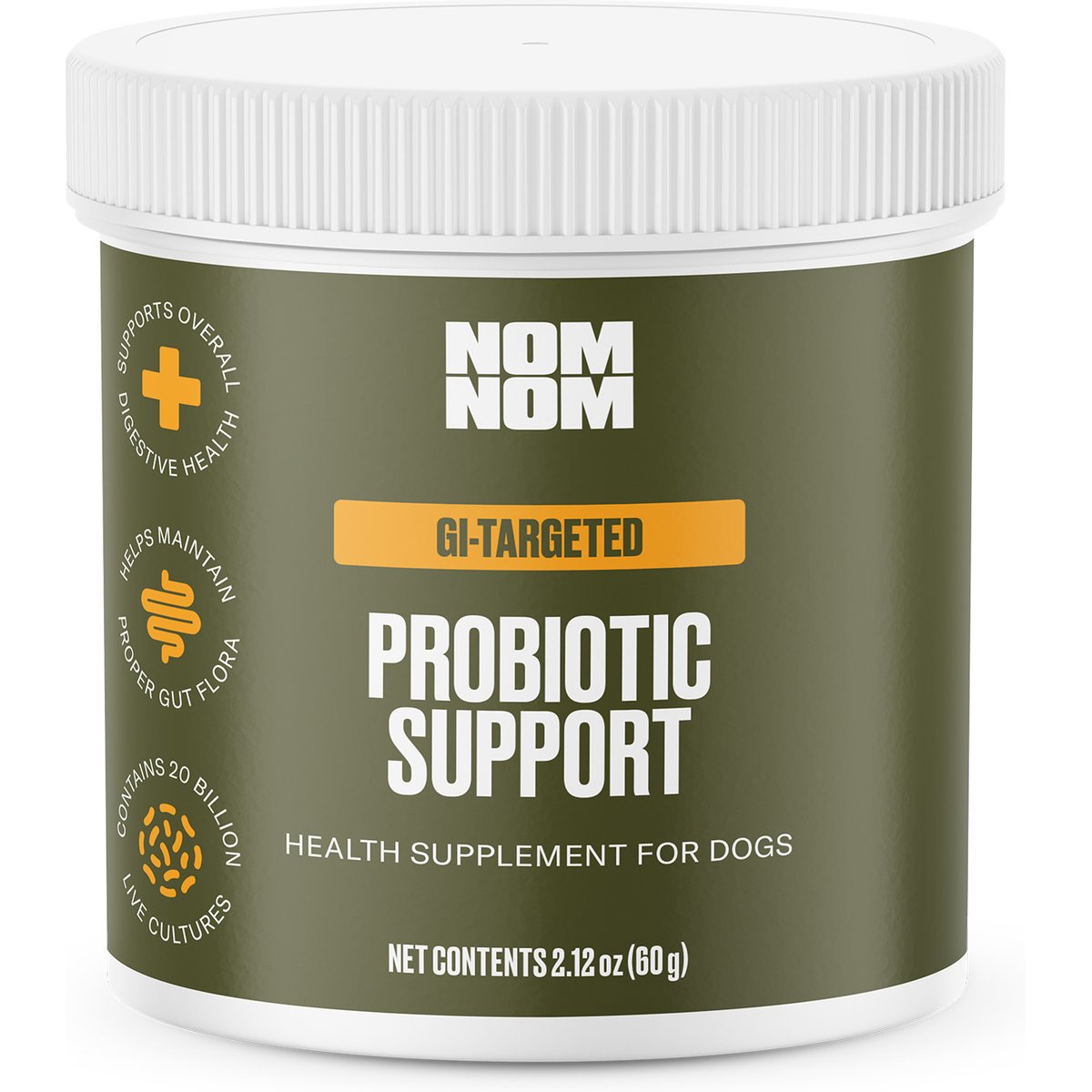 Nom Nom Probiotic Support GI Targeted Digestive Health Powder Supplement Dog Food Topper, 2.12-oz jar