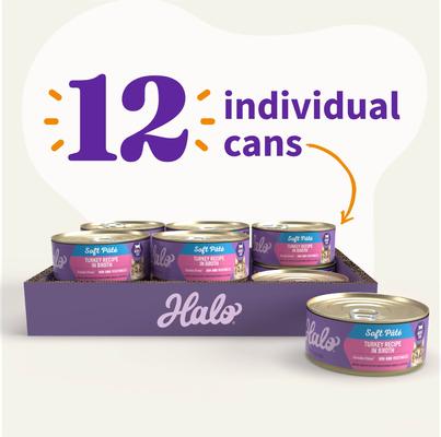 Show full view: Halo Turkey Recipe in Broth Adult Grain-Free Soft Pate Wet Cat Food, 5.5-oz can, case of 12 slide 7 of 8