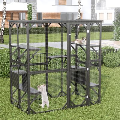 Show full view: LovMor Catio Outdoor Wooden Cat House with Roof, Grey slide 7 of 9