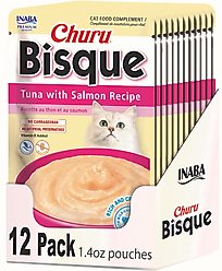 Inaba Churu Bisque Tuna with Salmon Recipe Grain-Free Lickable Cat Treats, 1.4-oz pouch, 12 count