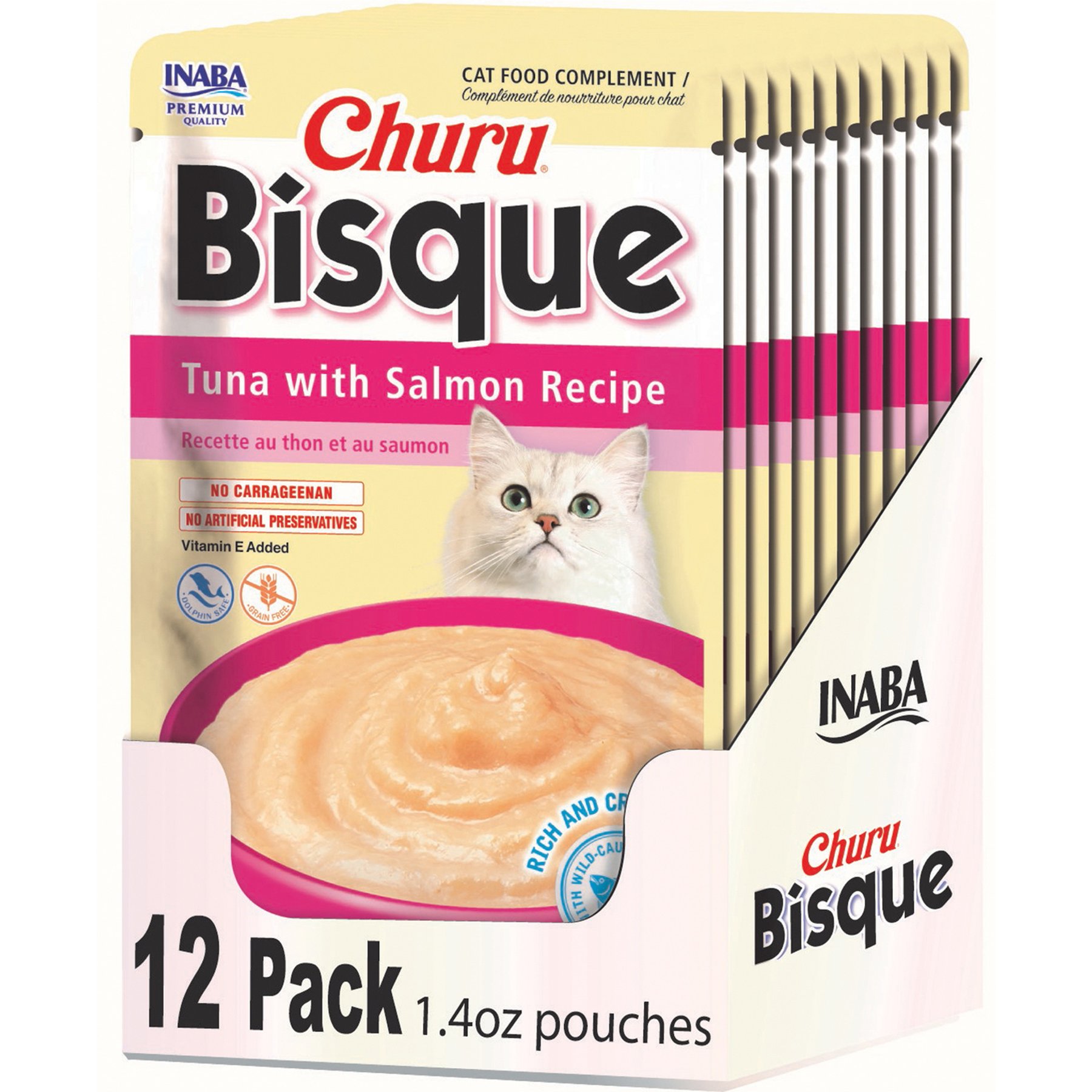 Inaba Churu Bisque Tuna with Salmon Recipe Grain-Free Lickable Cat Treats, 1.4-oz pouch, 12 count