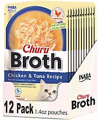 Inaba Churu Shredded Chicken & Creamy Broth Chicken & Tuna Recipe Grain-Free Lickable Cat Treats, 1.4-oz pouch, 12 count