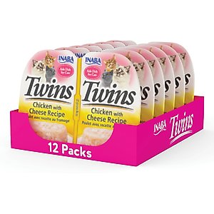 Inaba Twins Chicken with Cheese Recipe Grain-Free Cat Food Topper, 1.23-oz pouch, 12 count