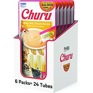 Inaba Churu Salmon with Chicken Puree Lickable Grain-Free Cat Treats, 0.5-oz tube, 24 count