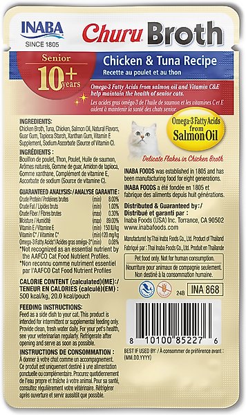 Show full view: Inaba Churu for Senior 10+ Chicken & Tuna Broth Cat Lickable Treats, 1.4-oz pouch, 12 count slide 3 of 9