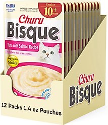 Inaba Churu for Senior 10+ Tuna & Salmon Bisque Lickable Cat Treats, 1.4-oz pouch, 12 count