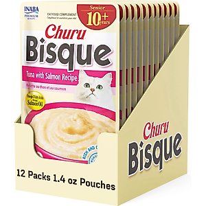 Inaba Churu for Senior 10+ Tuna & Salmon Bisque Lickable Cat Treats, 1.4-oz pouch, 12 count