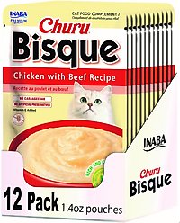 Inaba Churu Bisque Chicken with Beef Recipe Grain-Free Lickable Cat Treats, 1.4-oz pouch, 12 count