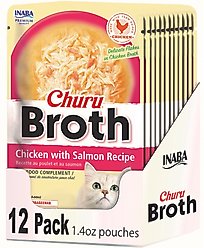 Inaba Churu Broth Chicken with Salmon Recipe Grain-Free Lickable Cat Treats, 1.4-oz pouch, 12 count