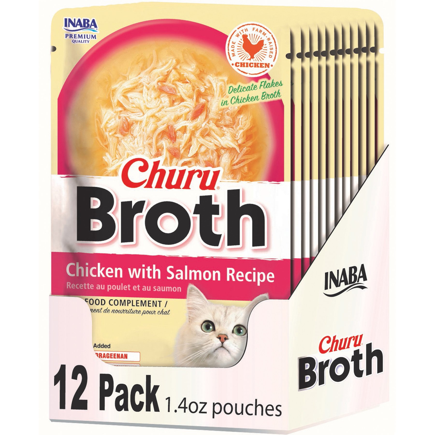 Inaba Churu Broth Chicken with Salmon Recipe Grain-Free Lickable Cat Treats, 1.4-oz pouch, 12 count