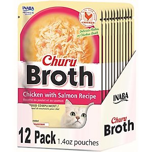 Inaba Churu Broth Chicken with Salmon Recipe Grain-Free Lickable Cat Treats, 1.4-oz pouch, 12 count