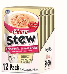 Inaba Churu Stew Chicken with Salmon Recipe Grain-Free Lickable Cat Treats, 1.4-oz pouch, 12 count